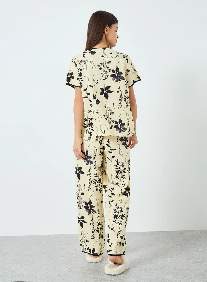 Take Two beige Women Floral Print Short Sleeve Shirt and Pyjama Set for Women | Best Price UAE